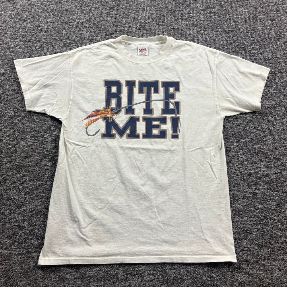 Vintage 1990s Anvil Humor Fishing Bite Me Graphic White T-Shirt Size XL